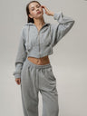 Liber Autumn women's clothing Drawstring Hooded Zippered solid color long-sleeved cardigan two-piece set