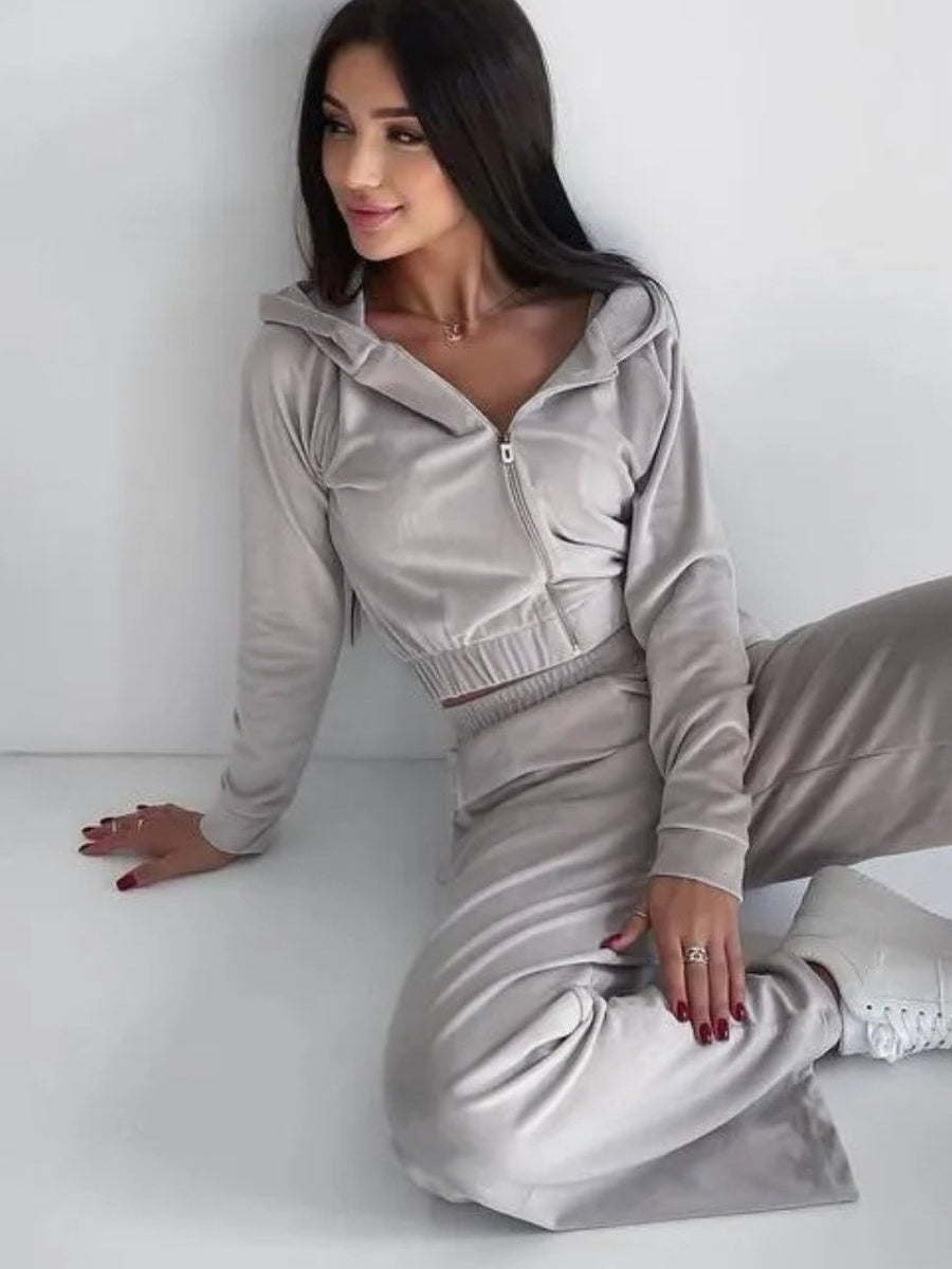 Liber Autumn women's clothing zipper Hooded long-sleeved cardigan two-piece set