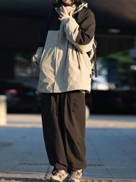 Workwear Style Color Matching Zipper Hooded Coat