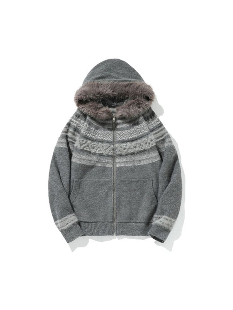 Fair Isle Pattern Fur Collar Hooded Splicing Cardigans