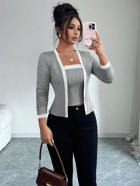 Square Neck Suspenders Long-sleeved Cardigan In Black And White Color Blocking Slim Fit Workplace Casual Two-piece Outfit