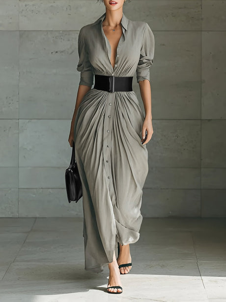 Simple Shirt Dress Pleated Shirt Collar Belted Maxi Dress