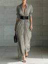 Simple Shirt Dress Pleated Shirt Collar Belted Maxi Dress
