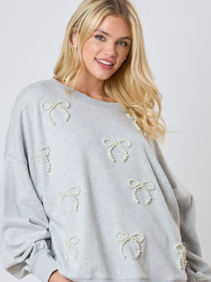 Christmas Pearl Bow Long Sleeve Top Casual Sweatshirt