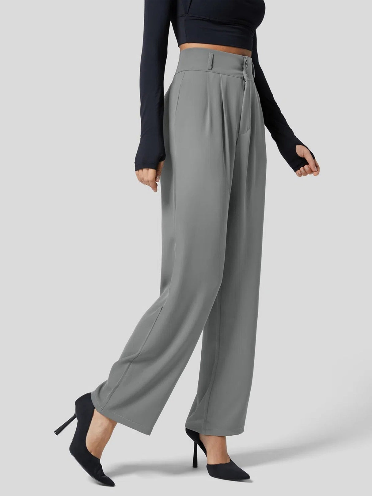 Pleated Button Solid Color High Waist Straight Leg Pants Temperament Drape French Trousers
