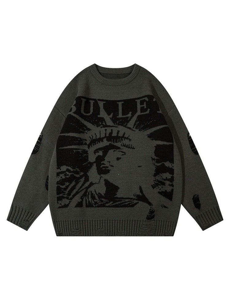Halloween Retro Character Pattern Loose And Casual Destroyed Sweater