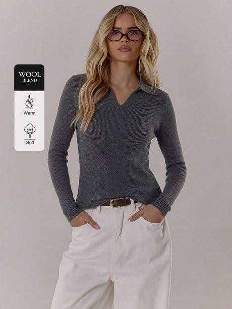 Wool Polo Long-sleeved Pullover Sweater With Vertical Stripes