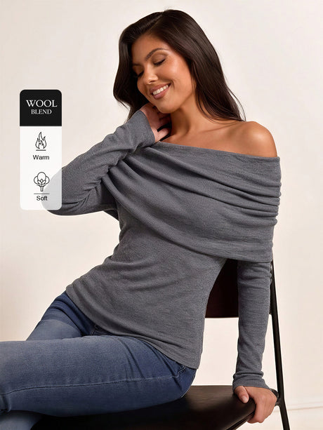 Wool Folded Off-shoulder Long-sleeved Sweater