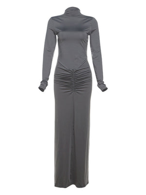 Pleated Splicing Sexy Waist Slimming Solid Color Long Skirt Temperament Dress For Women