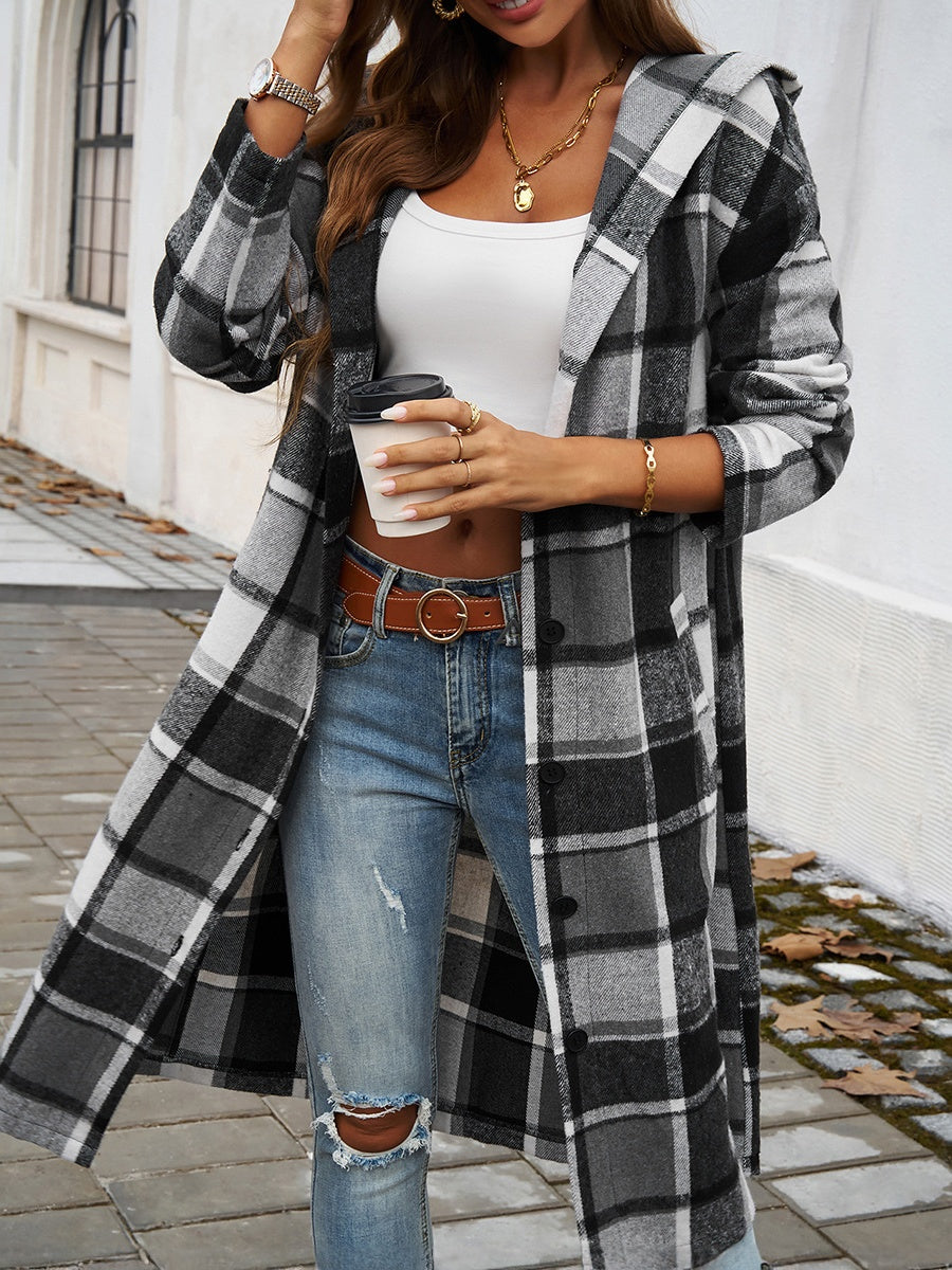 Contrasting Colors Pocket Plaid Mid-length Coats