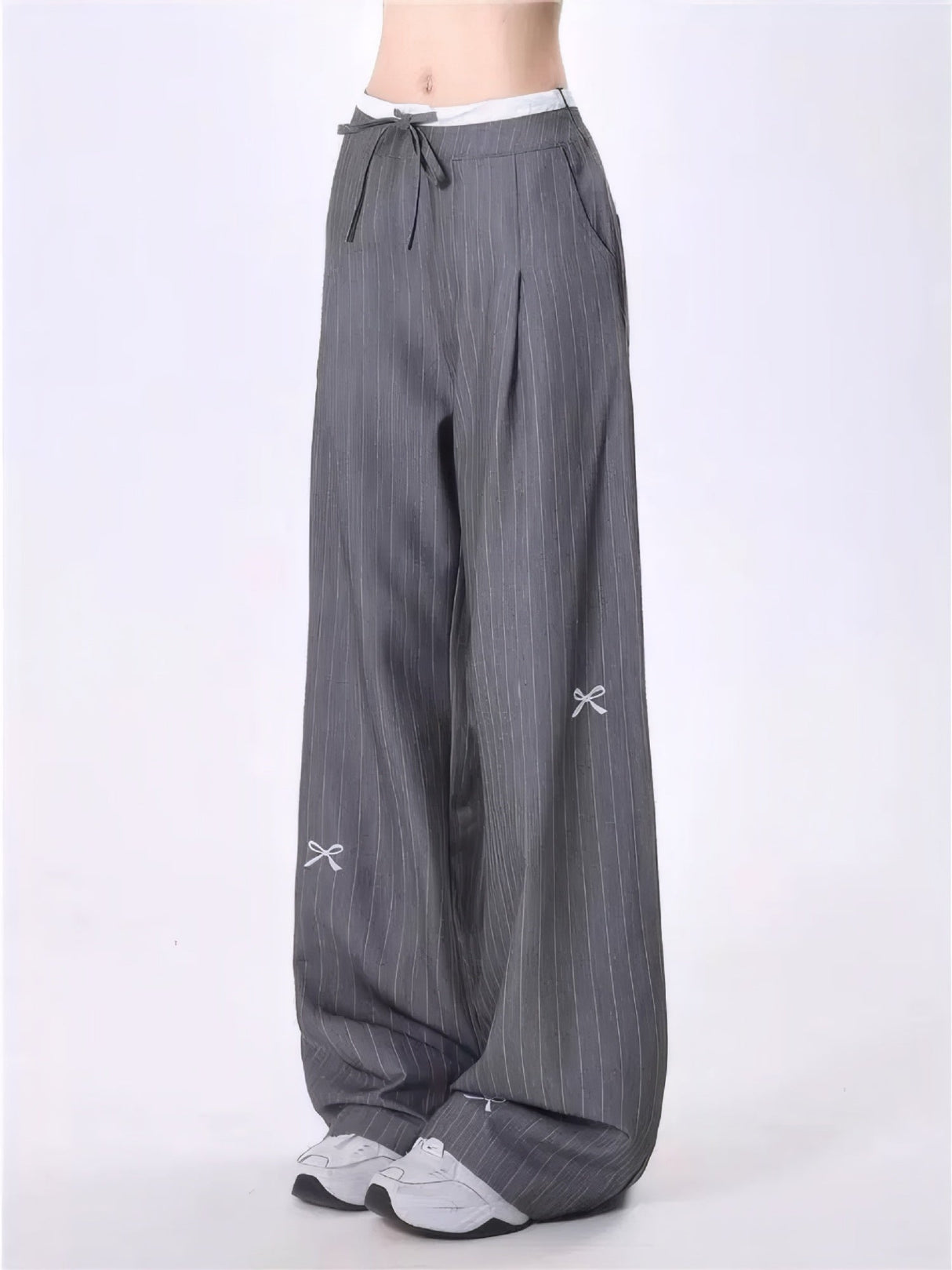 Striped Bow Tie Wide-leg Pants Casual High-waist Straight Gray High-end Summer Suit Trousers