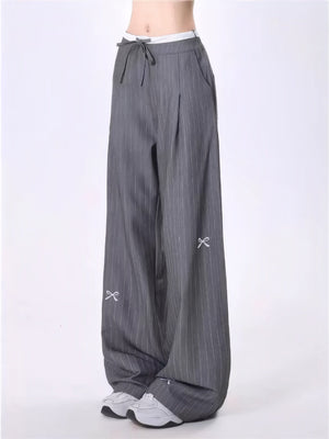 Striped Bow Tie Wide-leg Pants Casual High-waist Straight Gray High-end Summer Suit Trousers