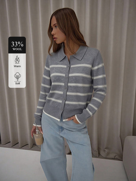 Wool Collar Striped Single-breasted Knit Cardigan