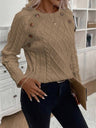 Buttons Raglan Sleeves Twisted Flower Knitted Crew Neck Sweater