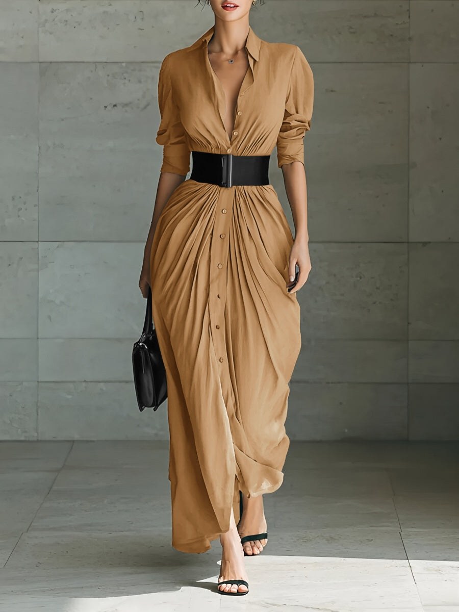 Simple Shirt Dress Pleated Shirt Collar Belted Maxi Dress