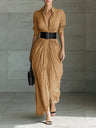Simple Shirt Dress Pleated Shirt Collar Belted Maxi Dress