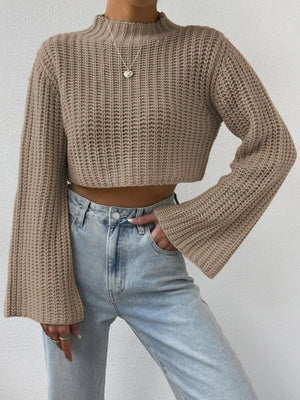 High-waisted Short Bell Sleeves Mock Neck Pullover Sweater