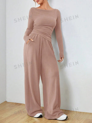 Pocket Solid Color Large Round Neck Long Sleeve Pants 2-piece Sets