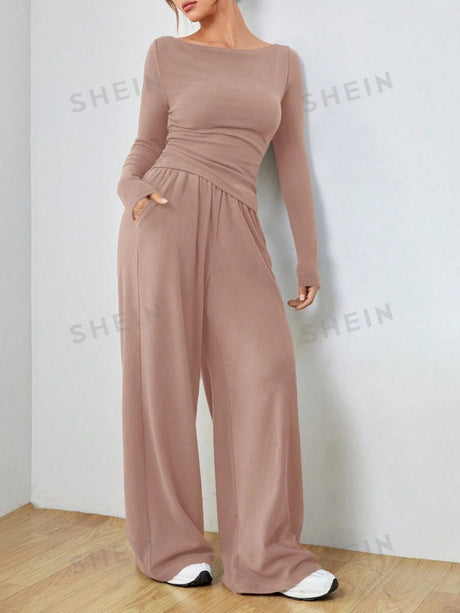 Pocket Solid Color Large Round Neck Long Sleeve Pants 2-piece Sets