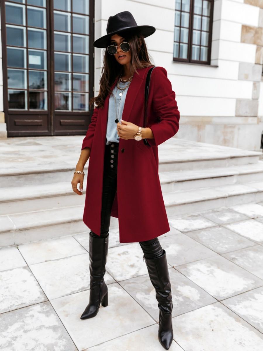 Solid Color Lapel Mid-length Button Wool Coat