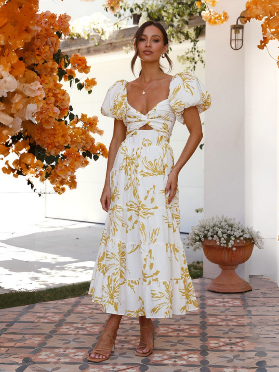 Floral Print Puff Sleeve Maxi Dress