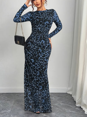 Leopard Mesh Printing Pleats Sexy Tight Fit Crew Neck Maxi Dresses