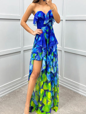 Mesh Printed Slit Ruffle Formal Dress Maxi Dresses