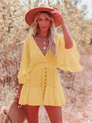 Lace Patchwork V-neck Batwing Sleeves Buttons Mini&Short Dresses