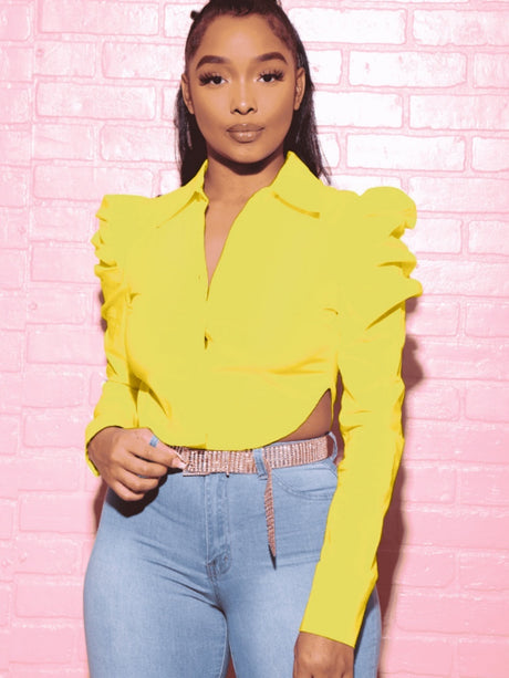 Navel Slits Leg Of Mutton Sleeves Lapel Shirts