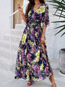 Printed Straps V-neck Short Sleeve Slit Maxi Dresses