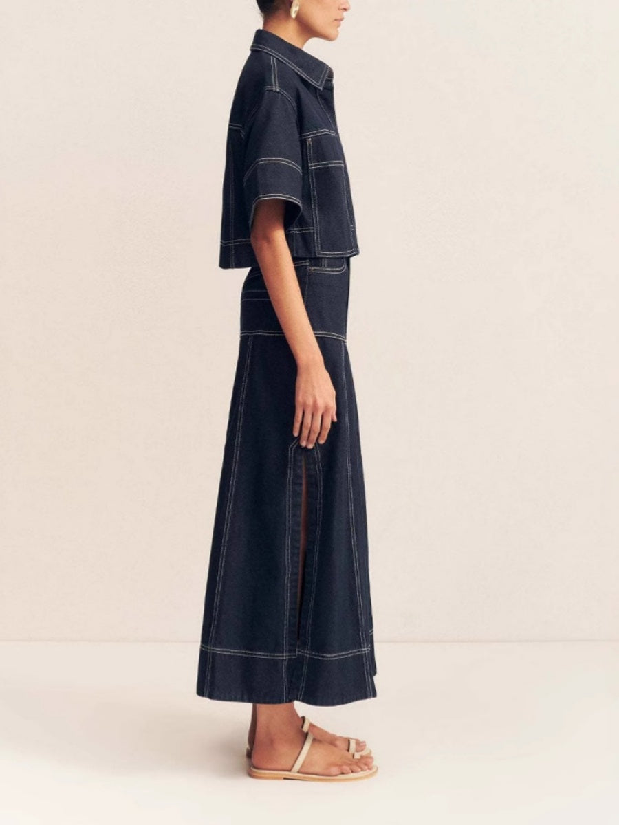 Short Sleeve Shirt Slit Skirts Denim Set 2-piece Sets