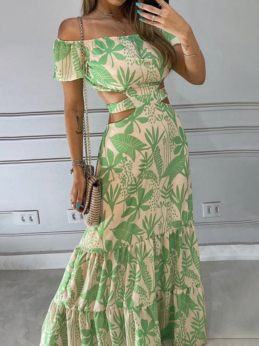 Bare Waist Printed One-shoulder Collar Maxi Dresses