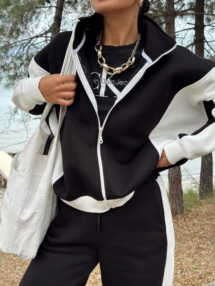 Jackets Casual Trousers Set Retro Contrasting Colors Long Sleeve Zipper Coat Two-piece Trouser Set