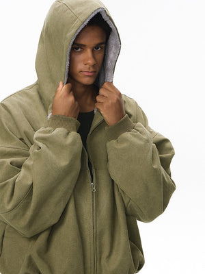 Short Plush Ins Contrasting Colors Hooded Zipper Jacket