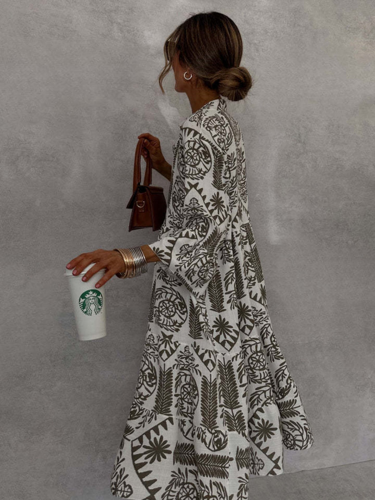 Floral Print Three-quarter Sleeves Shirt Dress