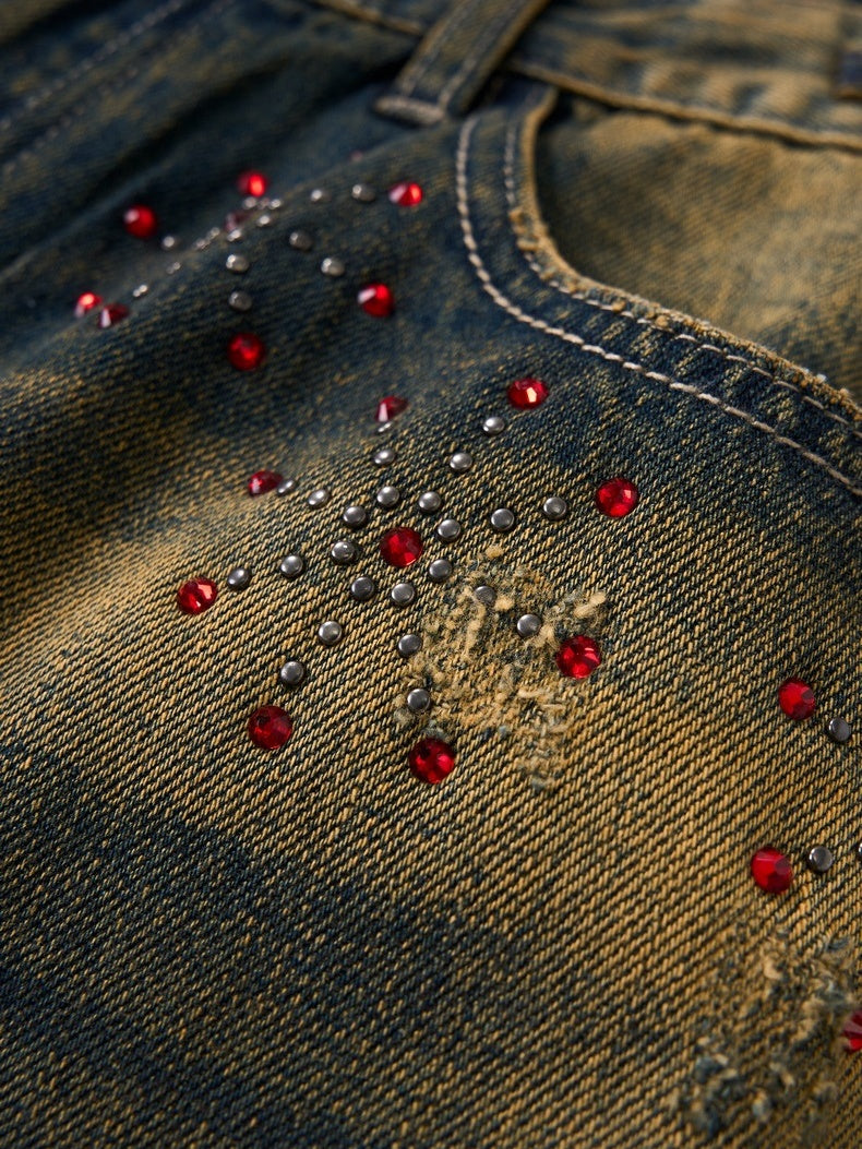 Retro Dirty Hole Red Diamond Distressed Jeans