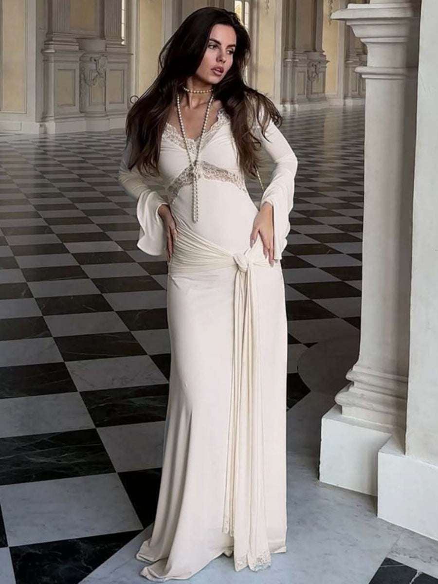 Women's Lace stitching V-neck Maxi Dresses