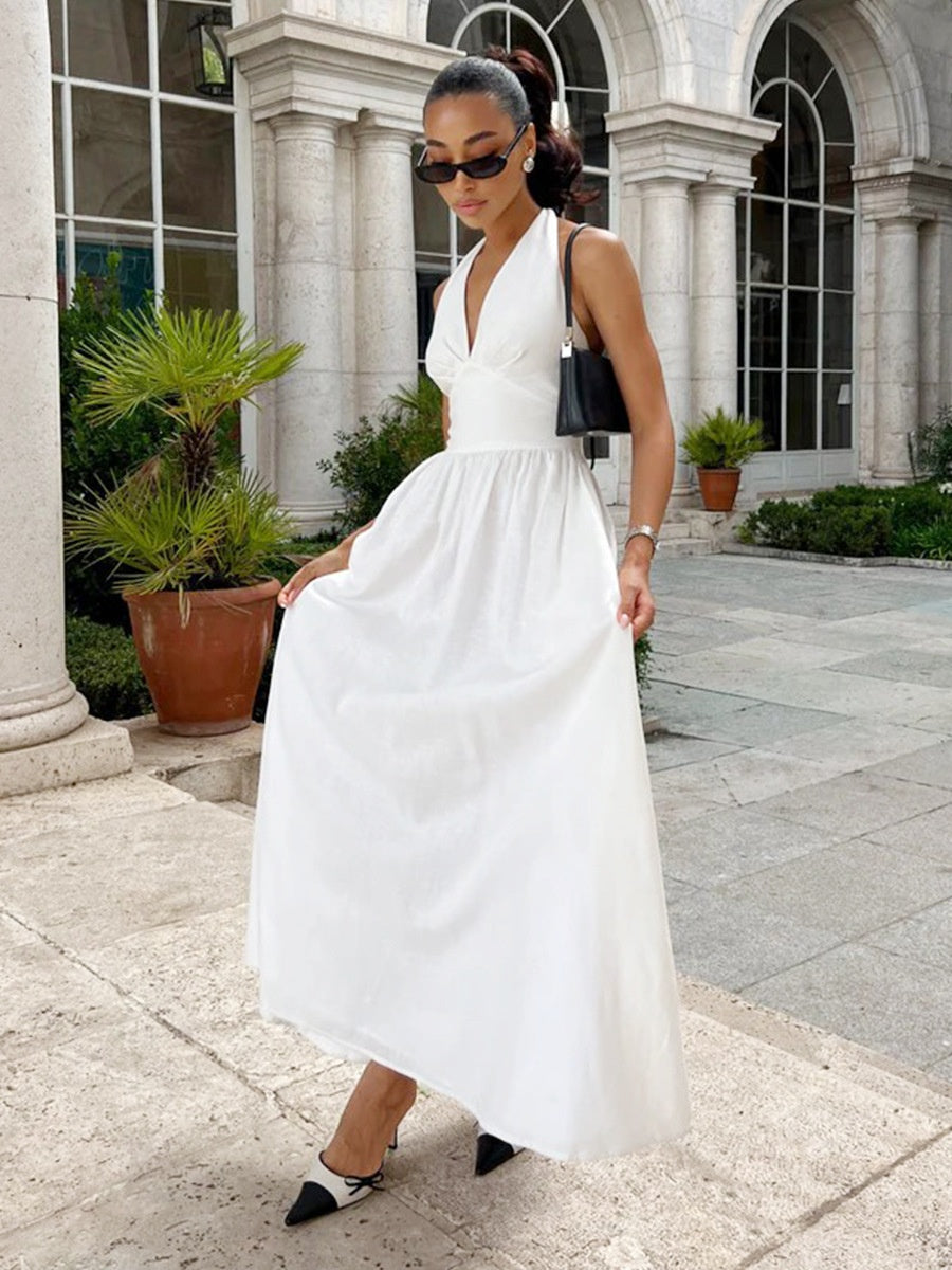 Halter V-neck Solid Color Maxi Dresses
