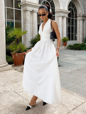 Halter V-neck Solid Color Maxi Dresses