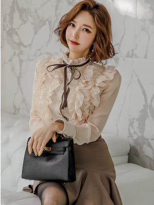 Elegant Two-piece Set: Stand-up Collar Sheer Blouse And Ruffled Skirt.