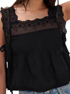 Lace Trim Square Neck Tie Tank Tops&Camis