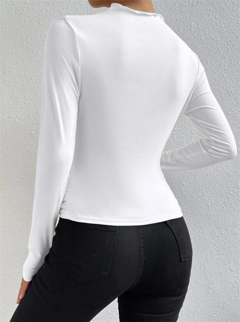 Solid Color Slim Fit Base Layer Versatile Pleated Long-sleeved T-shirt