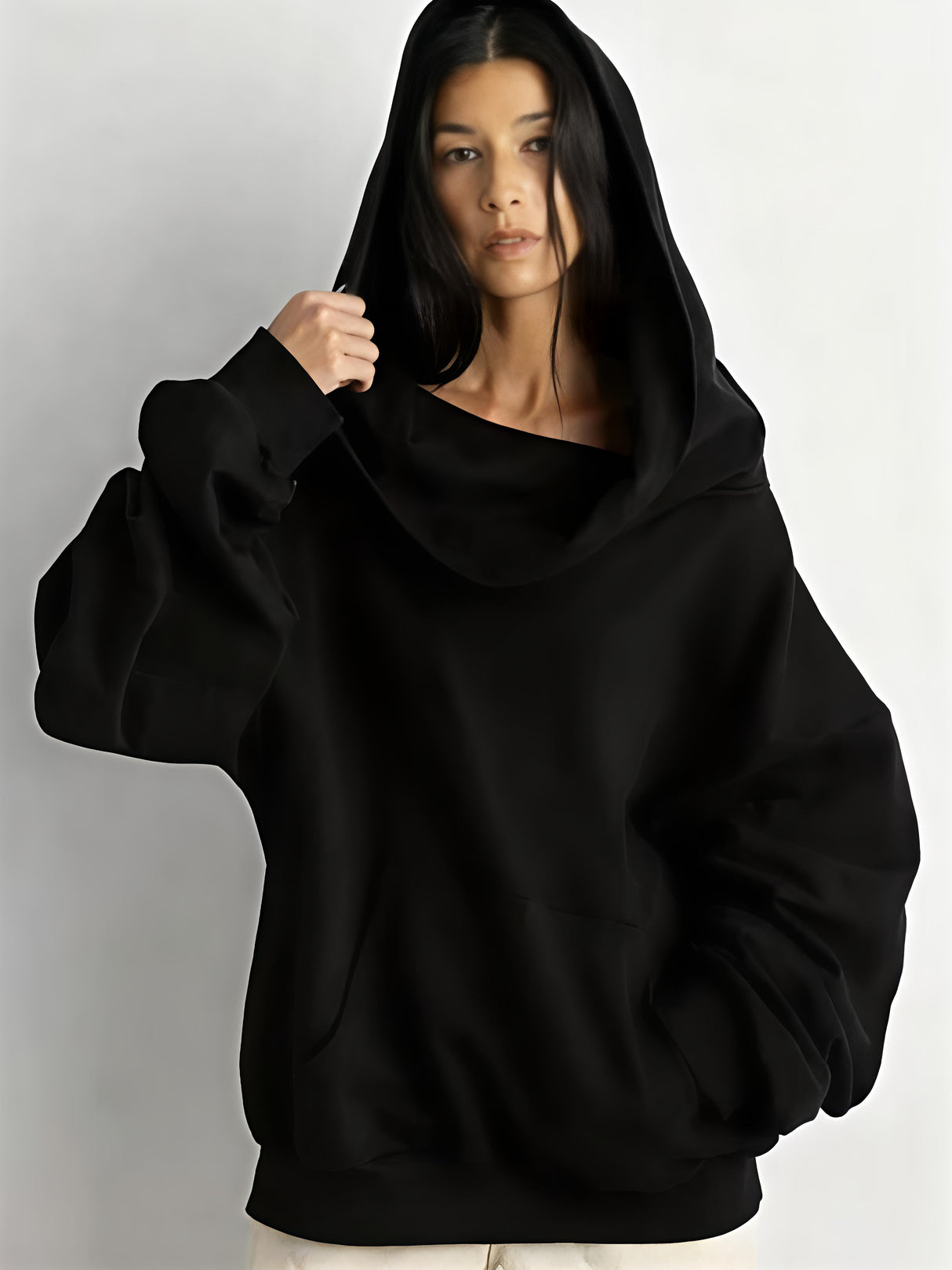 Casual Ribbed Hem Solid Color Off-shoulder Hooded Sweatshirt