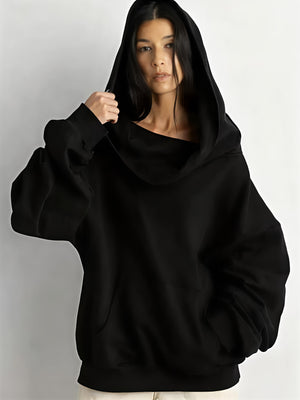Casual Ribbed Hem Solid Color Off-shoulder Hooded Sweatshirt