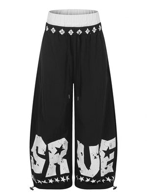 Layered-look Color Matching Wide-leg Vibe Letter Printed Double Waistband Pants