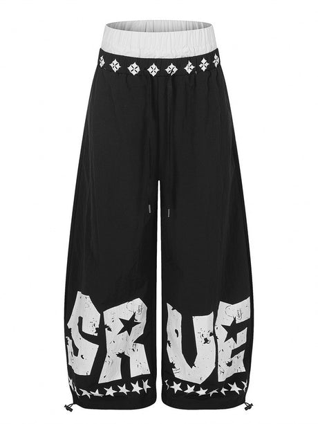 Layered-look Color Matching Wide-leg Vibe Letter Printed Double Waistband Pants