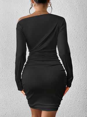 Long-sleeved, Ruched, Off-shoulder, Fitted, Bodycon Short Dress