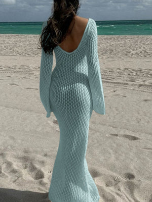 V-neck Round Button Long-sleeved Vacation Maxi Dress/beach Wear