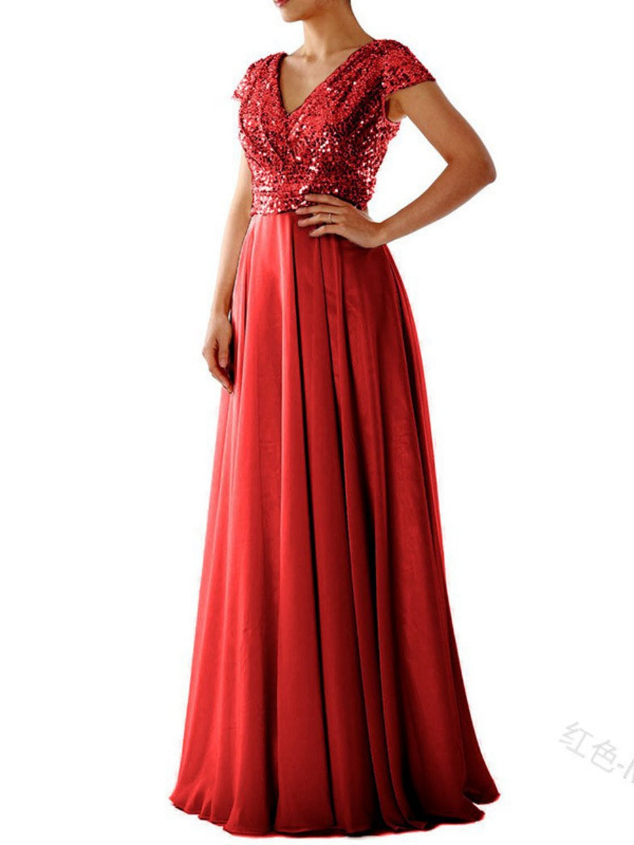 V-neck Sequins Chiffon Splicing Evening Gown Maxi Dresses