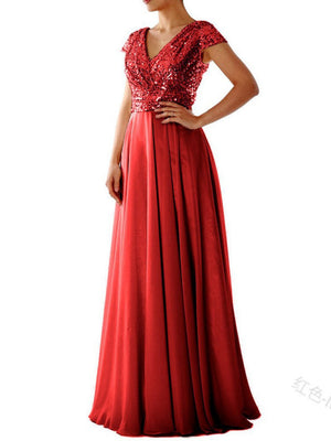 V-neck Sequins Chiffon Splicing Evening Gown Maxi Dresses